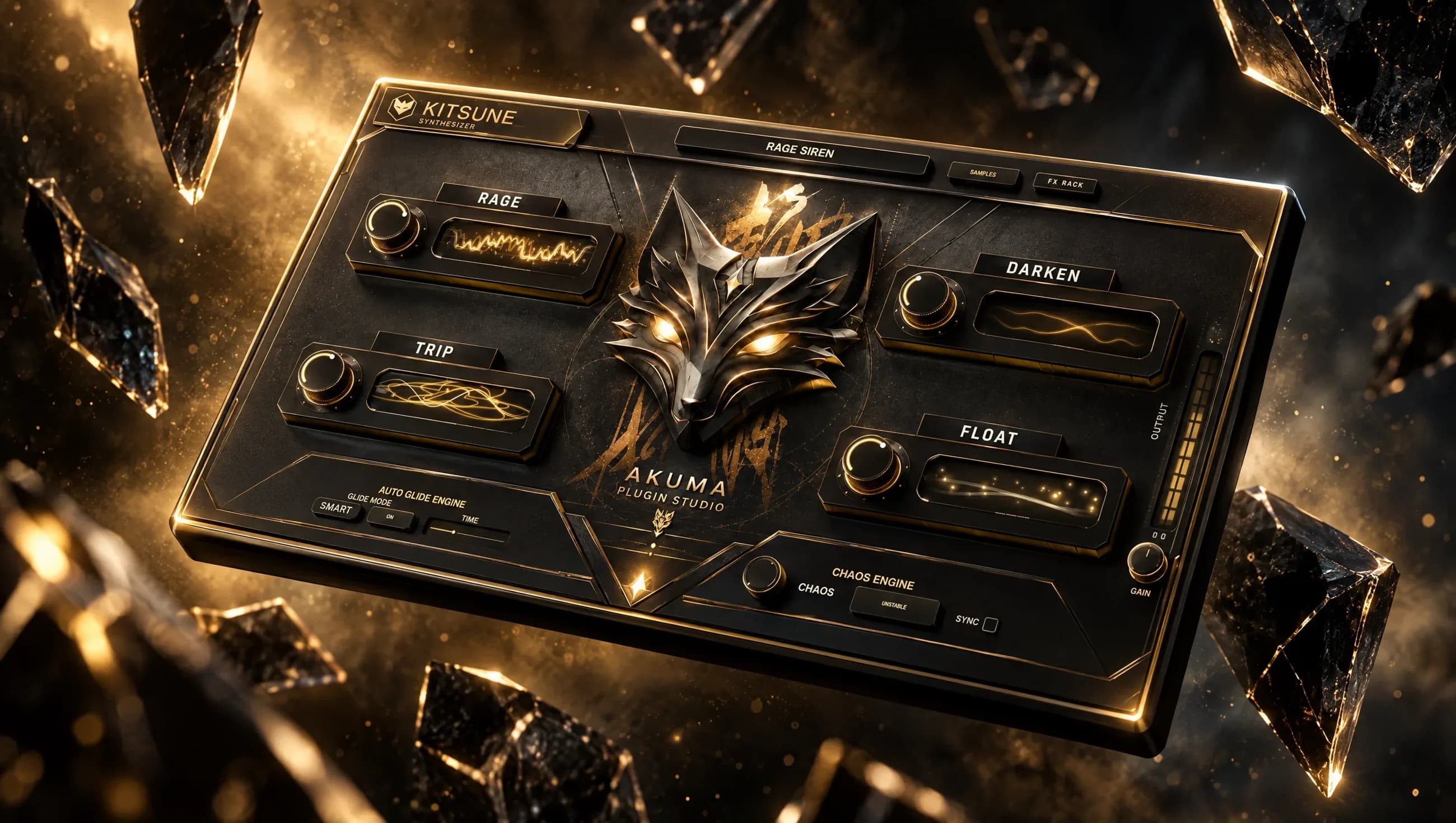 Kitsune Synth between obsidian shards with a golden glow